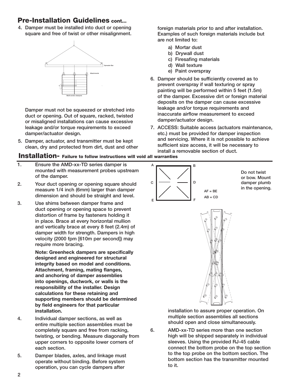 Installation, Pre-installation guidelines | Greenheck AMD-xx-TD Series Dampers (478799 IOM). User Manual | Page 2 / 12
