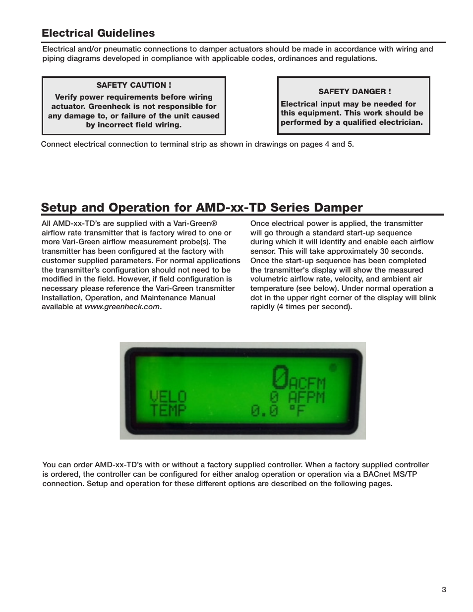 Setup and operation for amd-xx-td series damper, Electrical guidelines | Greenheck AMD-xx-TD Series Dampers (478799 IOM). User Manual | Page 3 / 12