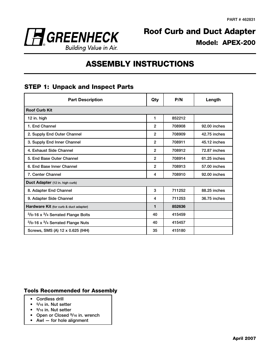 Greenheck APEX Curbs (462831) User Manual | 4 pages