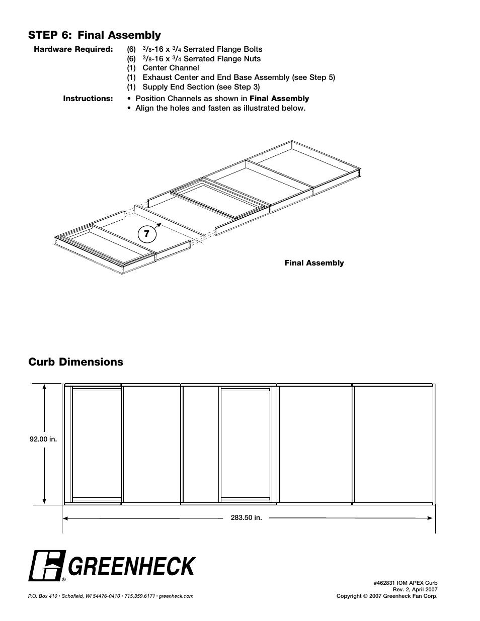 Step 6: final assembly, Curb dimensions | Greenheck APEX Curbs (462831) User Manual | Page 4 / 4