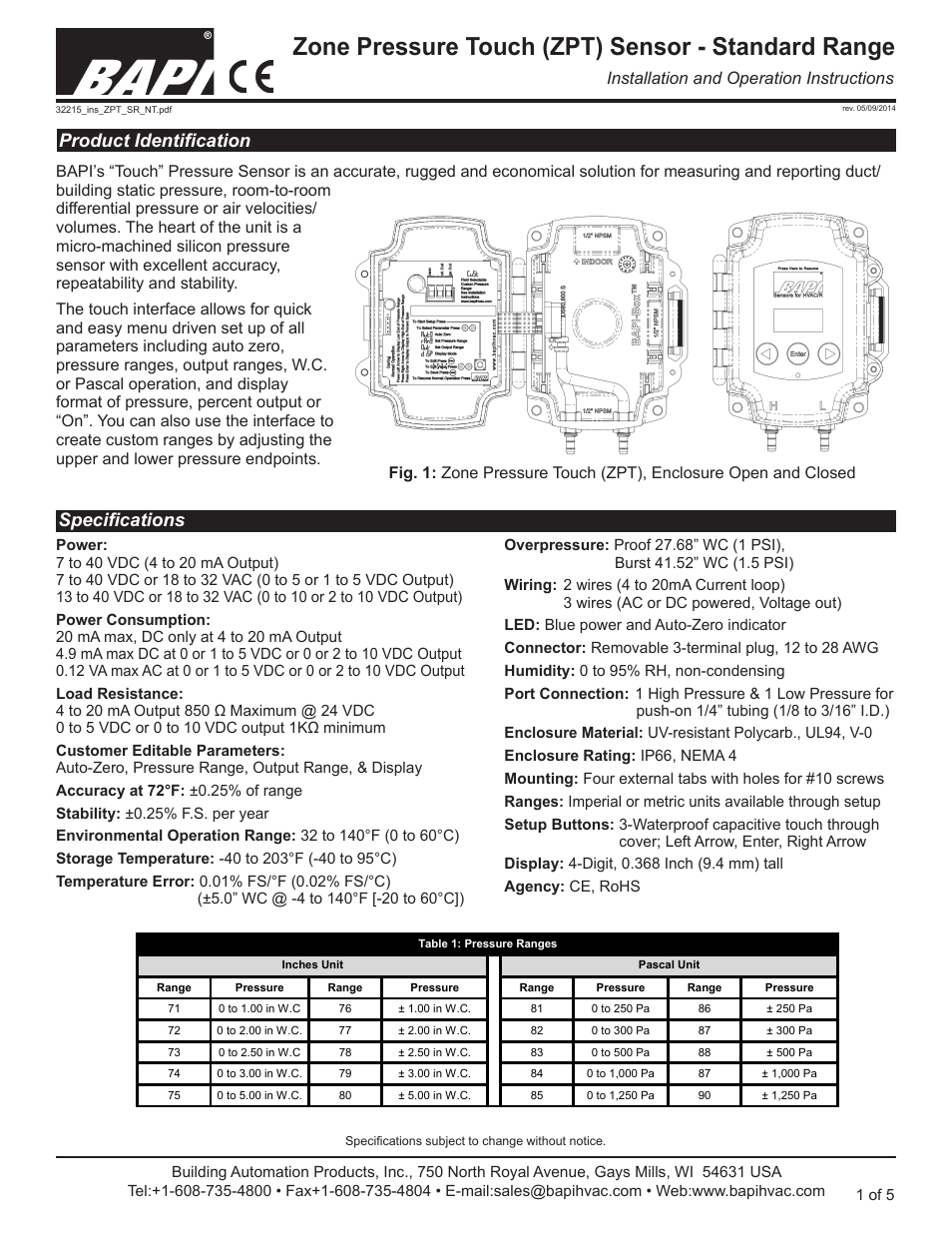 Greenheck BAPI Zone Pressure Touch (ZPT) Sensor User Manual | 6 pages