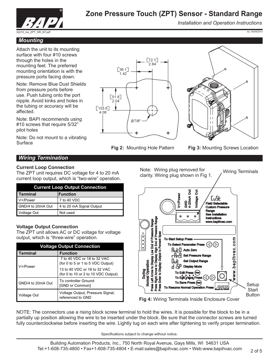 Zone pressure touch (zpt) sensor - standard range | Greenheck BAPI Zone Pressure Touch (ZPT) Sensor User Manual | Page 2 / 6