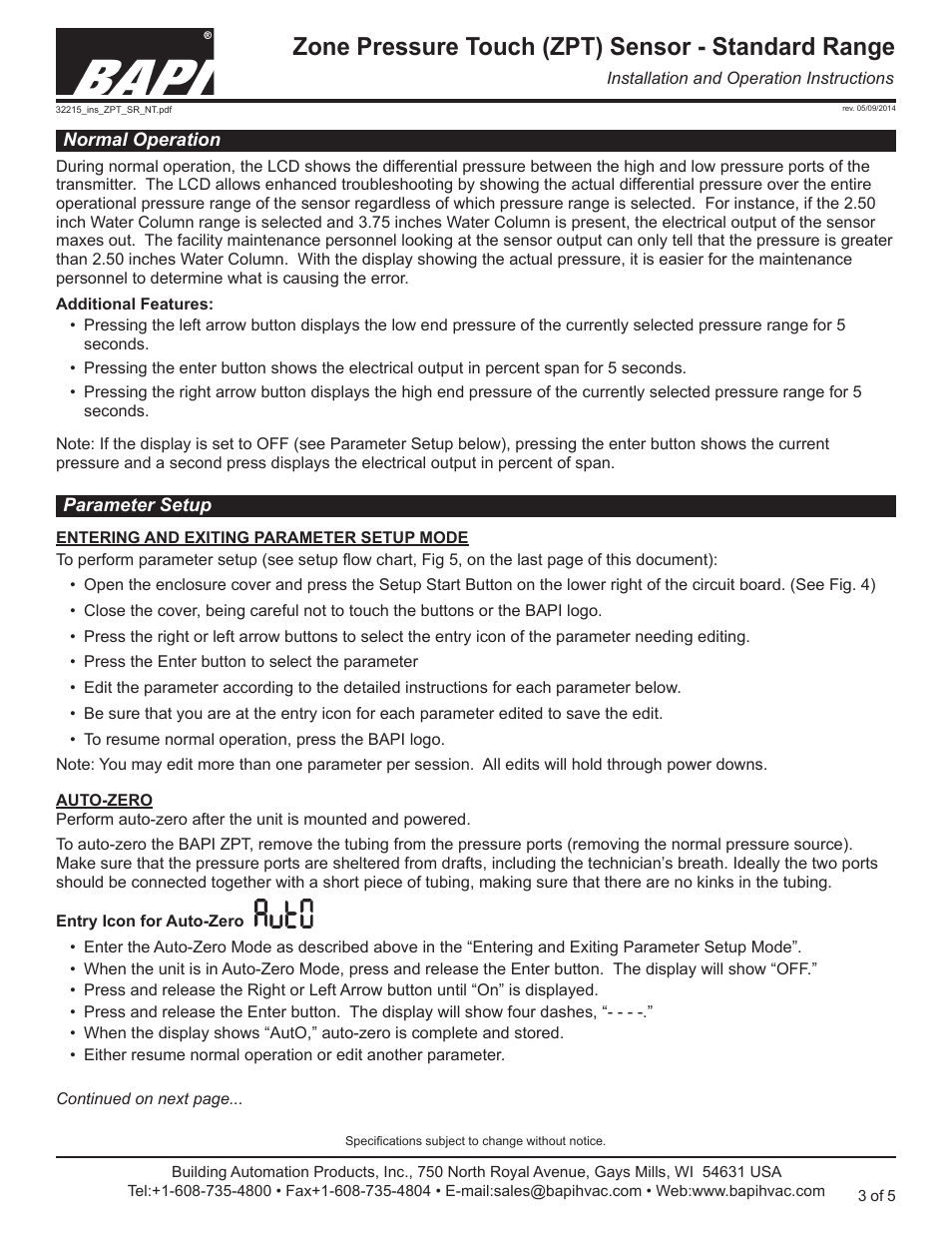 Zone pressure touch (zpt) sensor - standard range | Greenheck BAPI Zone Pressure Touch (ZPT) Sensor User Manual | Page 3 / 6