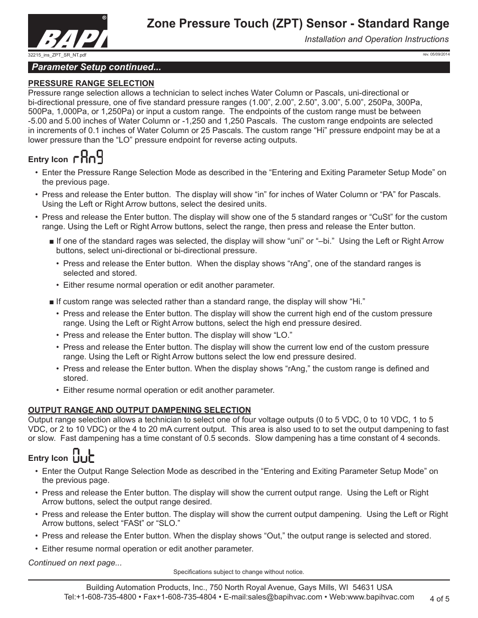 Zone pressure touch (zpt) sensor - standard range | Greenheck BAPI Zone Pressure Touch (ZPT) Sensor User Manual | Page 4 / 6