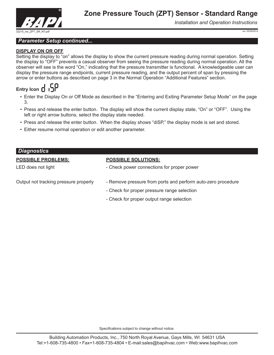 Zone pressure touch (zpt) sensor - standard range | Greenheck BAPI Zone Pressure Touch (ZPT) Sensor User Manual | Page 5 / 6