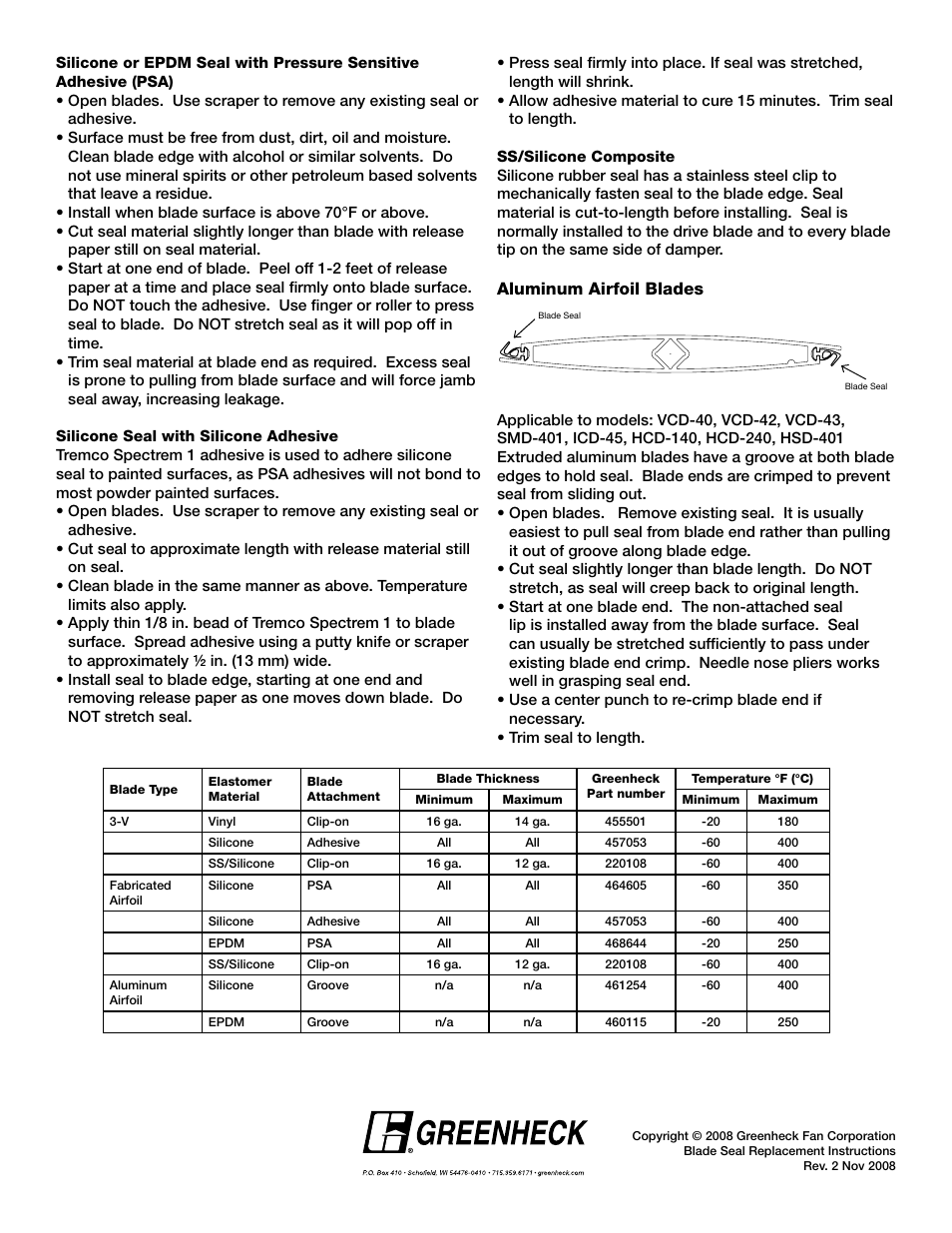 Aluminum airfoil blades | Greenheck Blade Seal Replacement (HCD Series) User Manual | Page 2 / 2