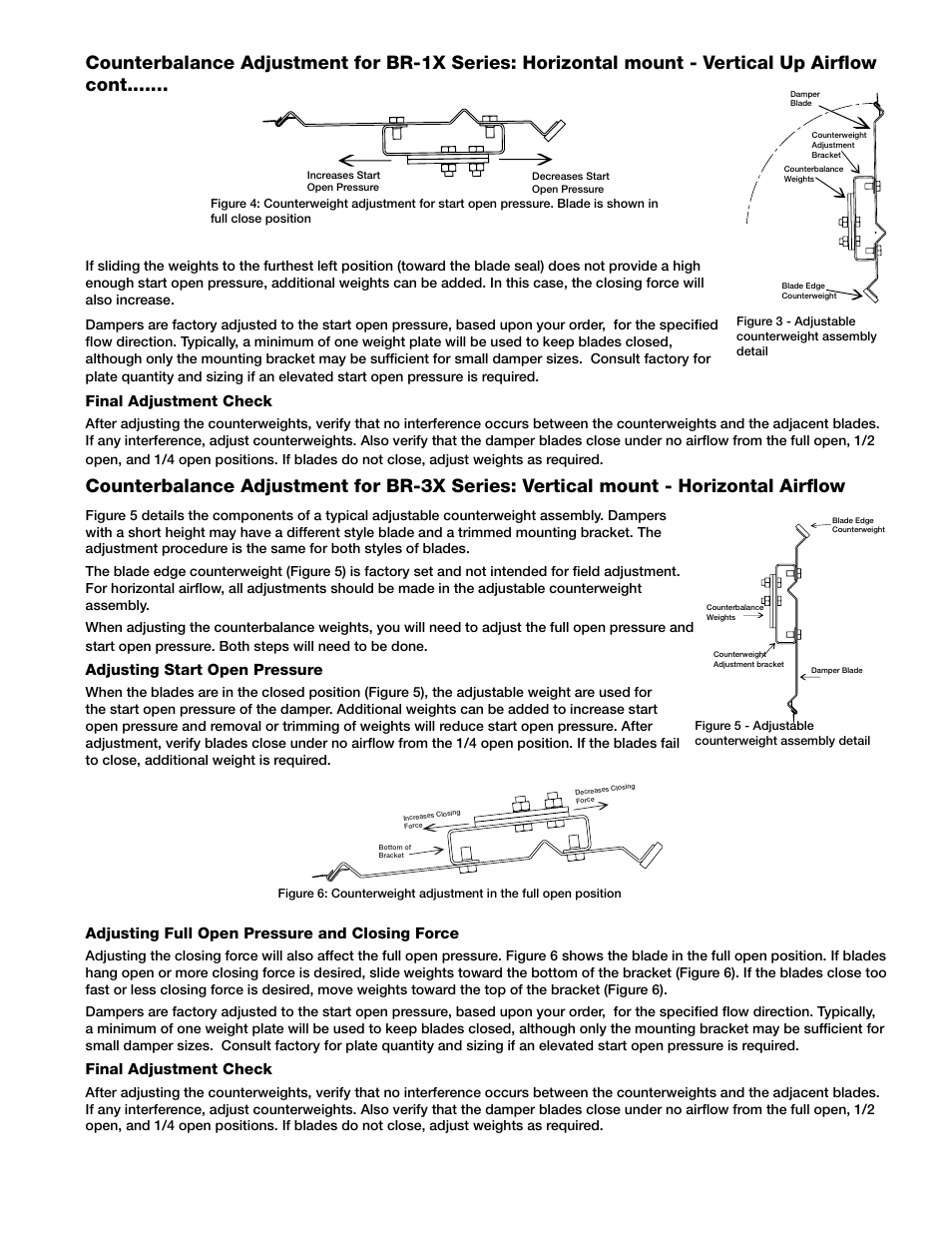 Final adjustment check, Adjusting start open pressure, Adjusting full open pressure and closing force | Greenheck BR Series - Counterweight Adjustment (469420) User Manual | Page 3 / 4