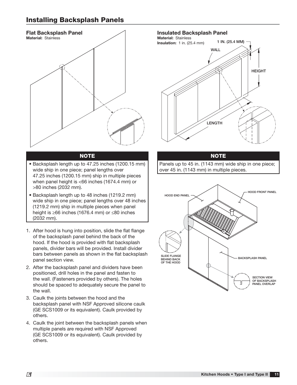 Installing backsplash panels, Flat backsplash panel, Insulated backsplash panel | Greenheck Canopy Hoods (452413 IOM) User Manual | Page 11 / 36