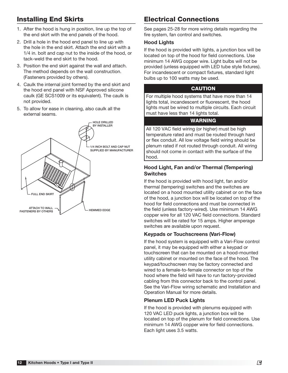 Installing end skirts, Electrical connections | Greenheck Canopy Hoods (452413 IOM) User Manual | Page 12 / 36