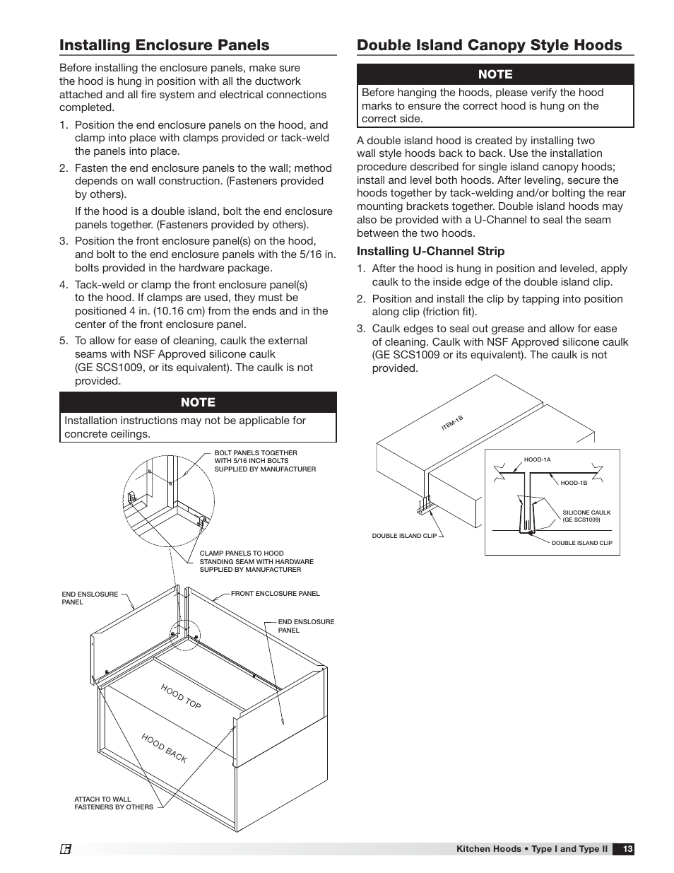 Double island canopy style hoods, Installing enclosure panels, Installing u-channel strip | Greenheck Canopy Hoods (452413 IOM) User Manual | Page 13 / 36