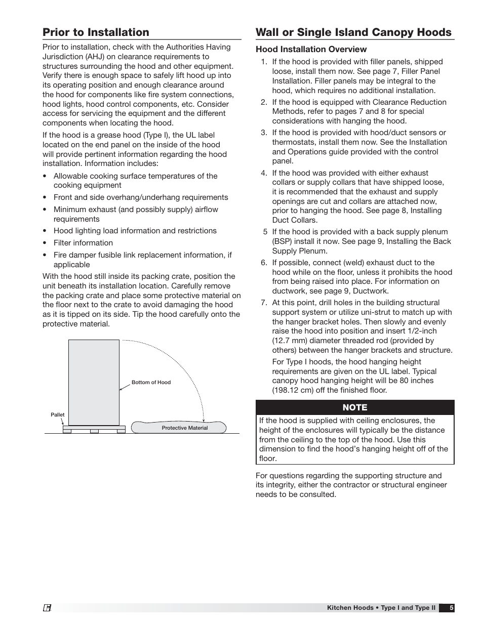 Prior to installation, Wall or single island canopy hoods | Greenheck Canopy Hoods (452413 IOM) User Manual | Page 5 / 36
