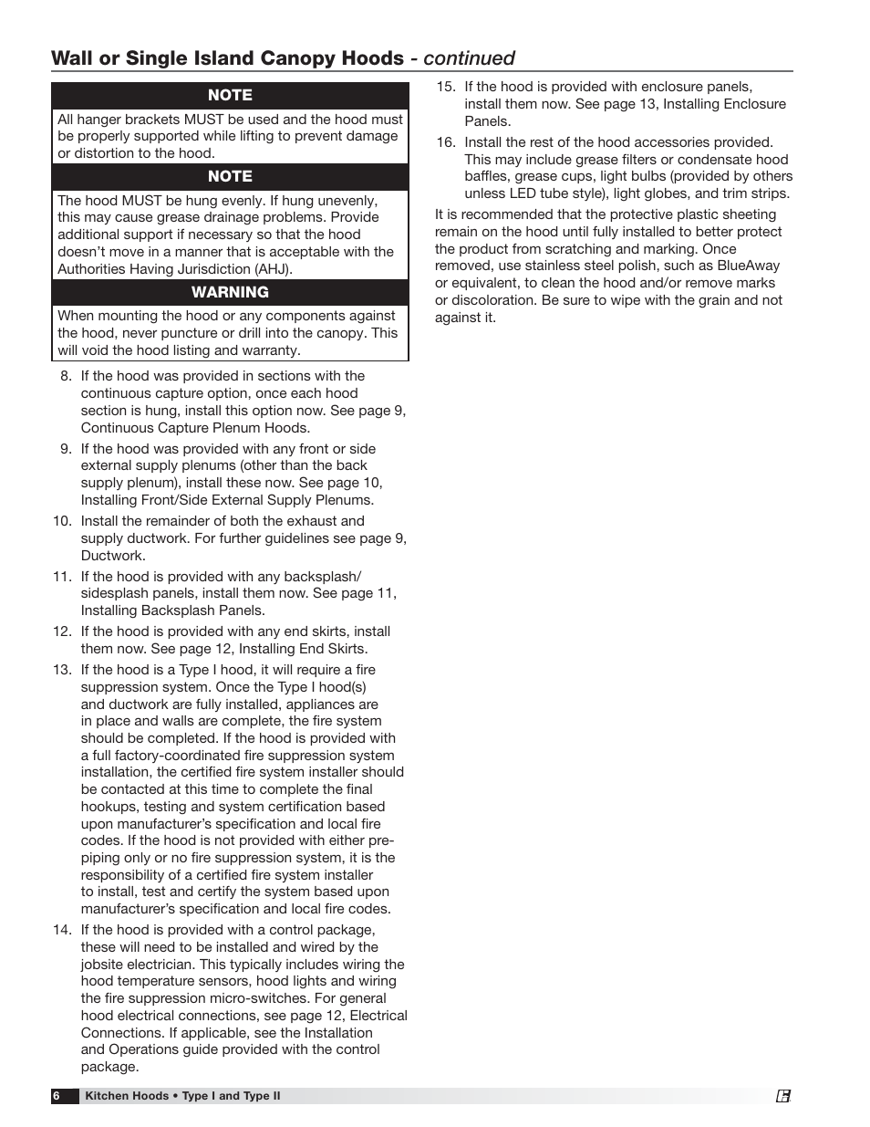 Wall or single island canopy hoods - continued | Greenheck Canopy Hoods (452413 IOM) User Manual | Page 6 / 36