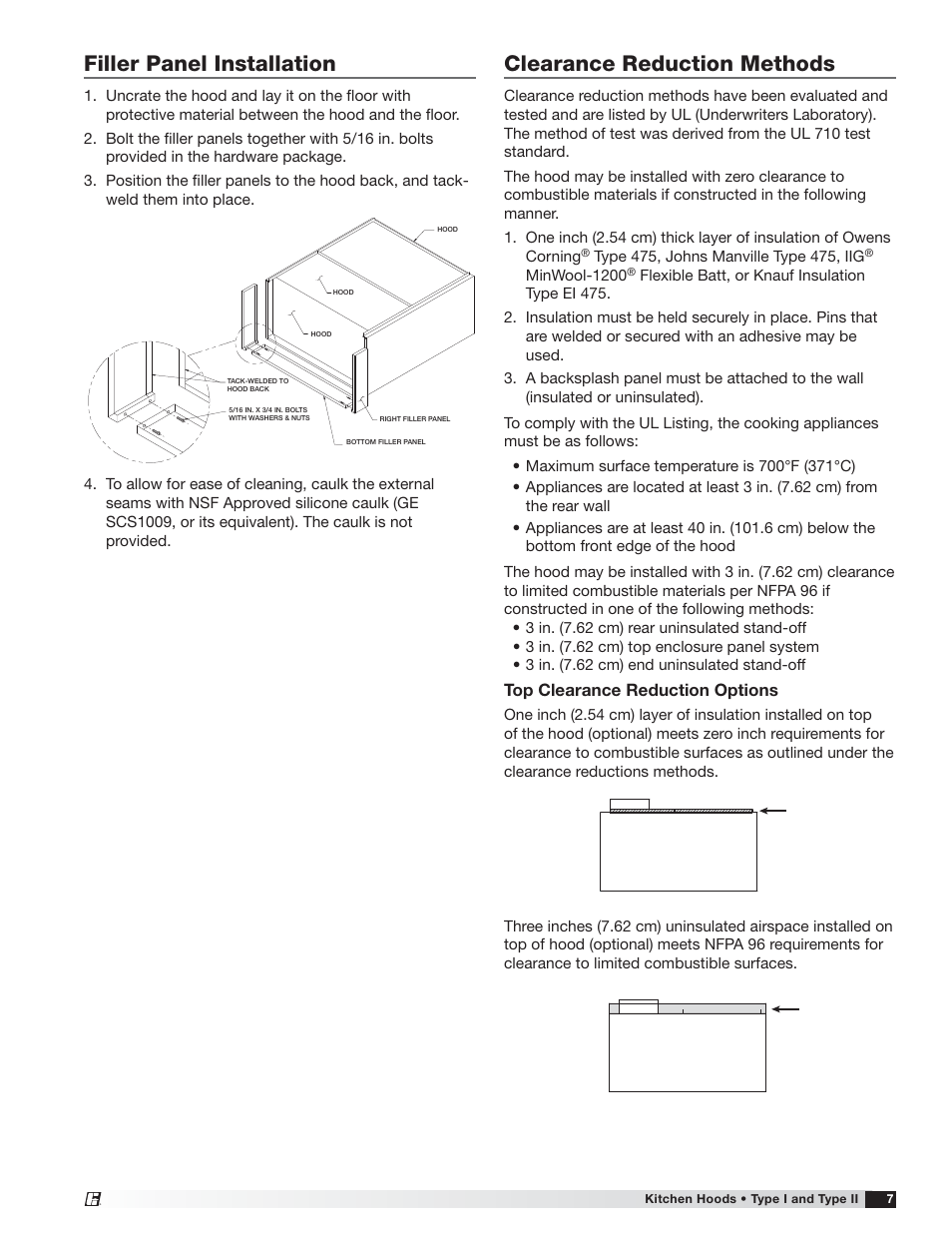 Filler panel installation, Clearance reduction methods, Top clearance reduction options | Greenheck Canopy Hoods (452413 IOM) User Manual | Page 7 / 36