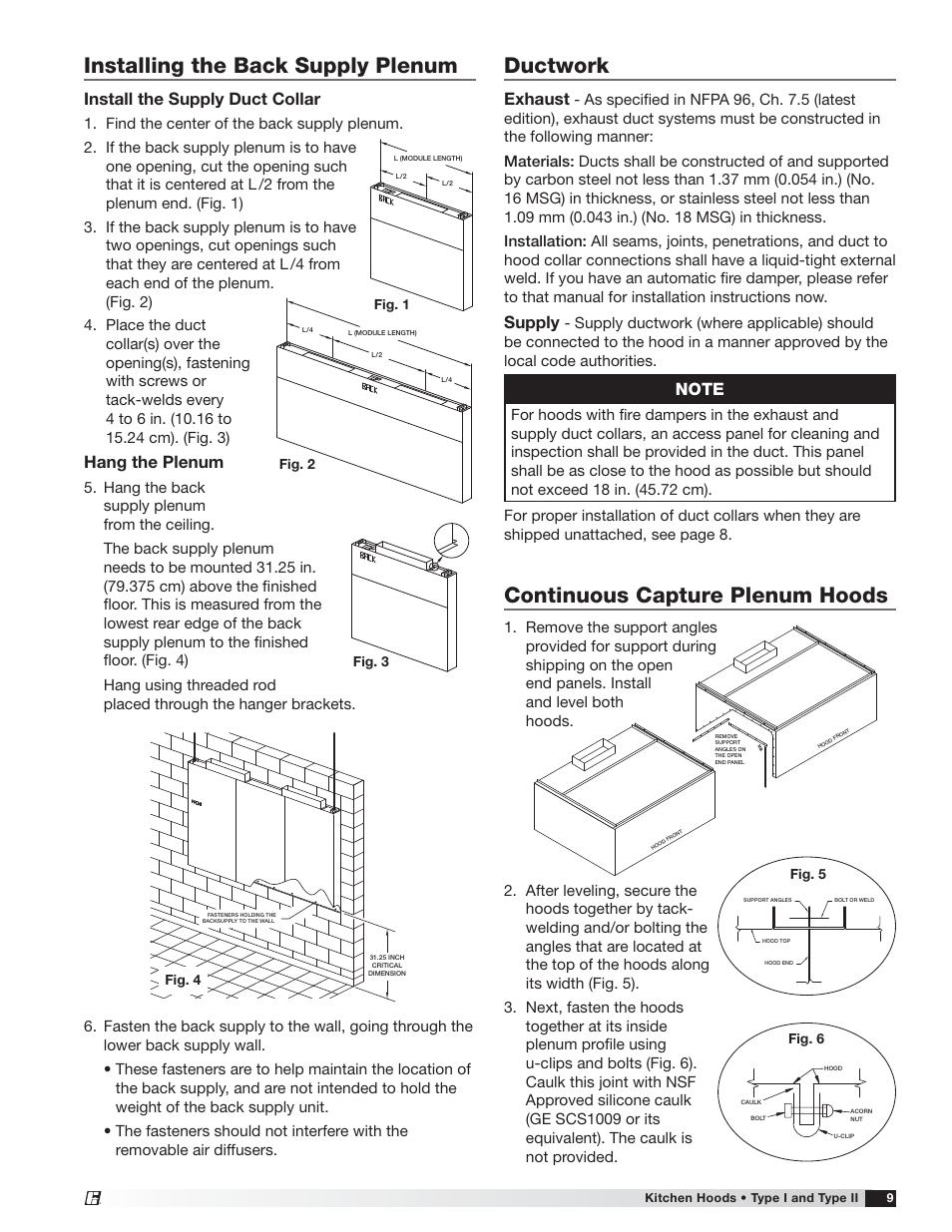 Installing the back supply plenum, Ductwork, Continuous capture plenum hoods | Install the supply duct collar, Hang the plenum, Exhaust, Supply | Greenheck Canopy Hoods (452413 IOM) User Manual | Page 9 / 36