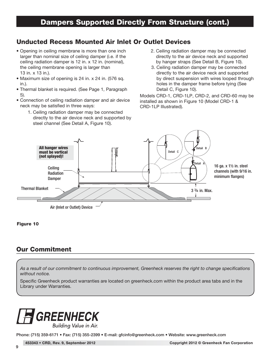 Dampers supported directly from structure (cont.), Our commitment | Greenheck Ceiling Radiation Dampers (826252) User Manual | Page 10 / 32