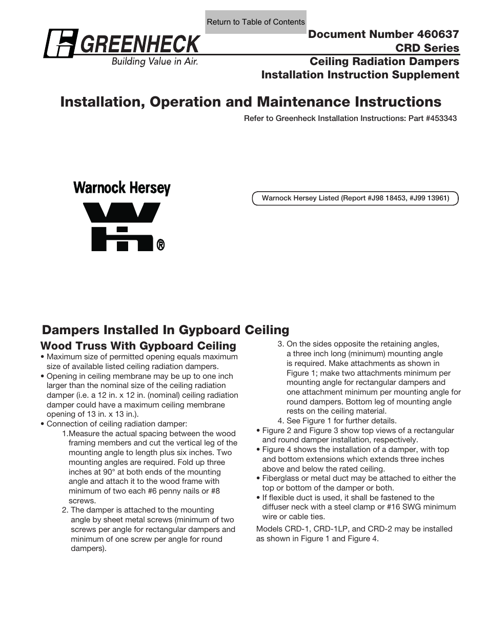 Dampers installed in gypboard ceiling, Wood truss with gypboard ceiling | Greenheck Ceiling Radiation Dampers (826252) User Manual | Page 11 / 32