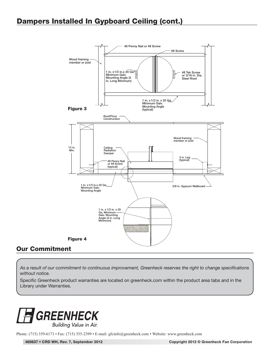 Dampers installed in gypboard ceiling (cont.), Our commitment | Greenheck Ceiling Radiation Dampers (826252) User Manual | Page 13 / 32