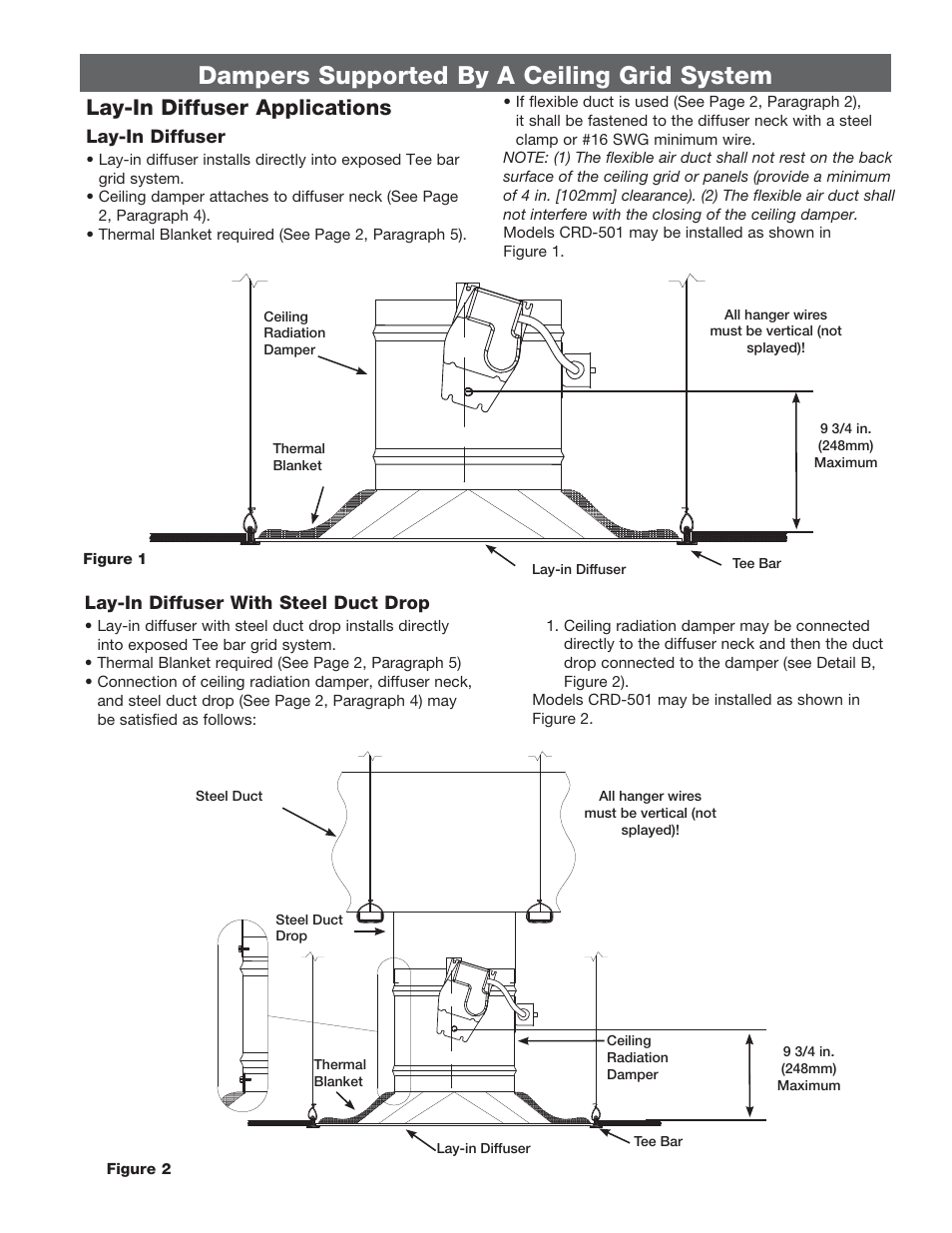 Dampers supported by a ceiling grid system, Lay-in diffuser applications | Greenheck Ceiling Radiation Dampers (826252) User Manual | Page 24 / 32