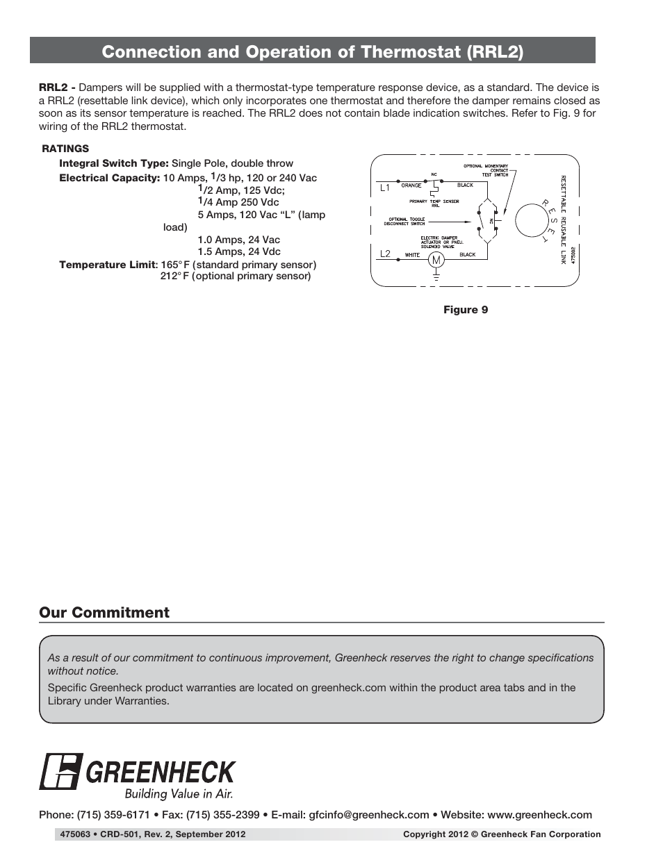 Connection and operation of thermostat (rrl2), Our commitment | Greenheck Ceiling Radiation Dampers (826252) User Manual | Page 30 / 32