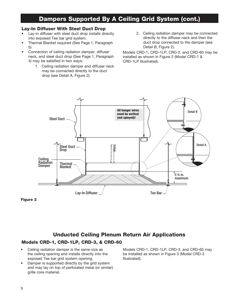 Dampers supported by a ceiling grid system (cont.), Unducted ceiling plenum return air applications | Greenheck Ceiling Radiation Dampers (826252) User Manual | Page 4 / 32