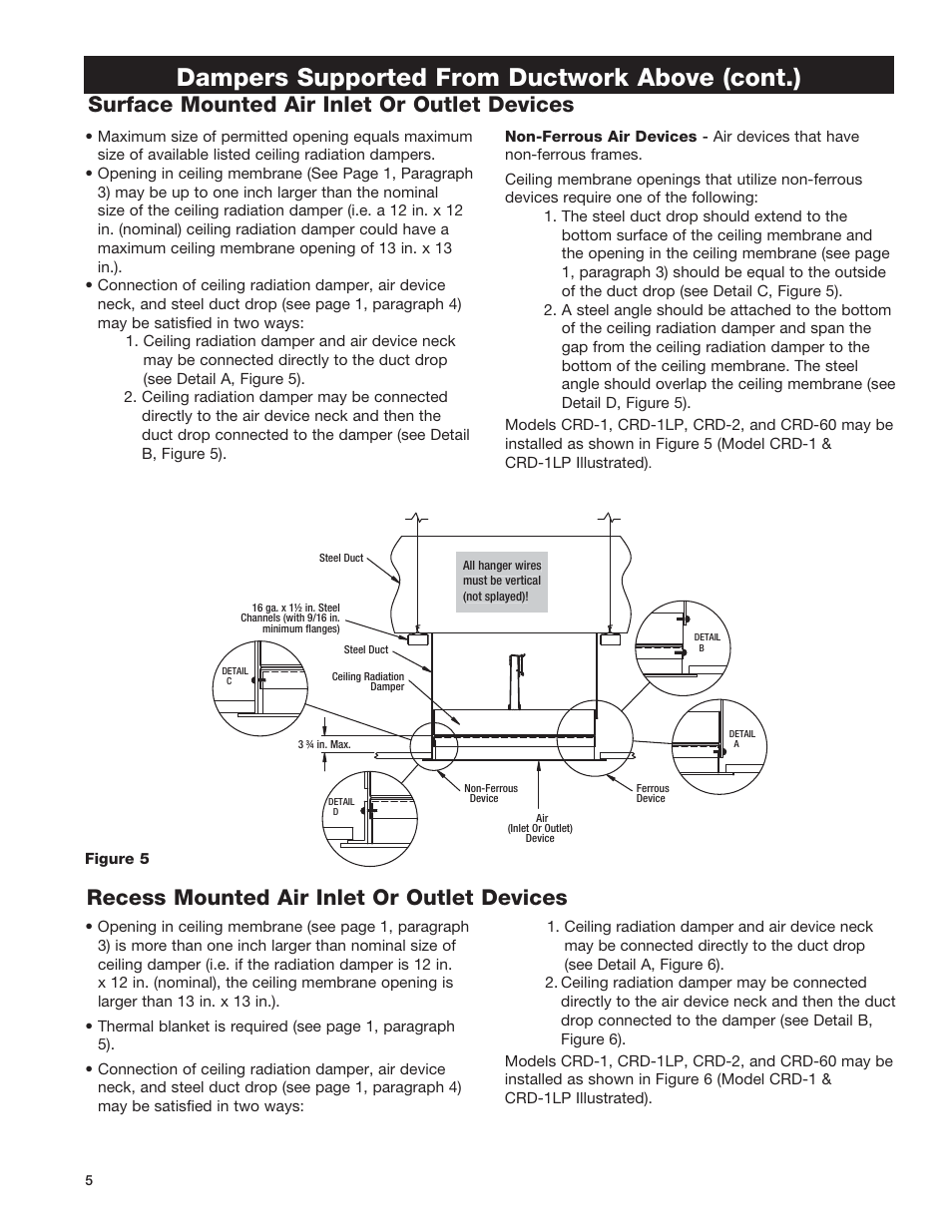 Dampers supported from ductwork above (cont.), Surface mounted air inlet or outlet devices, Recess mounted air inlet or outlet devices | Greenheck Ceiling Radiation Dampers (826252) User Manual | Page 6 / 32