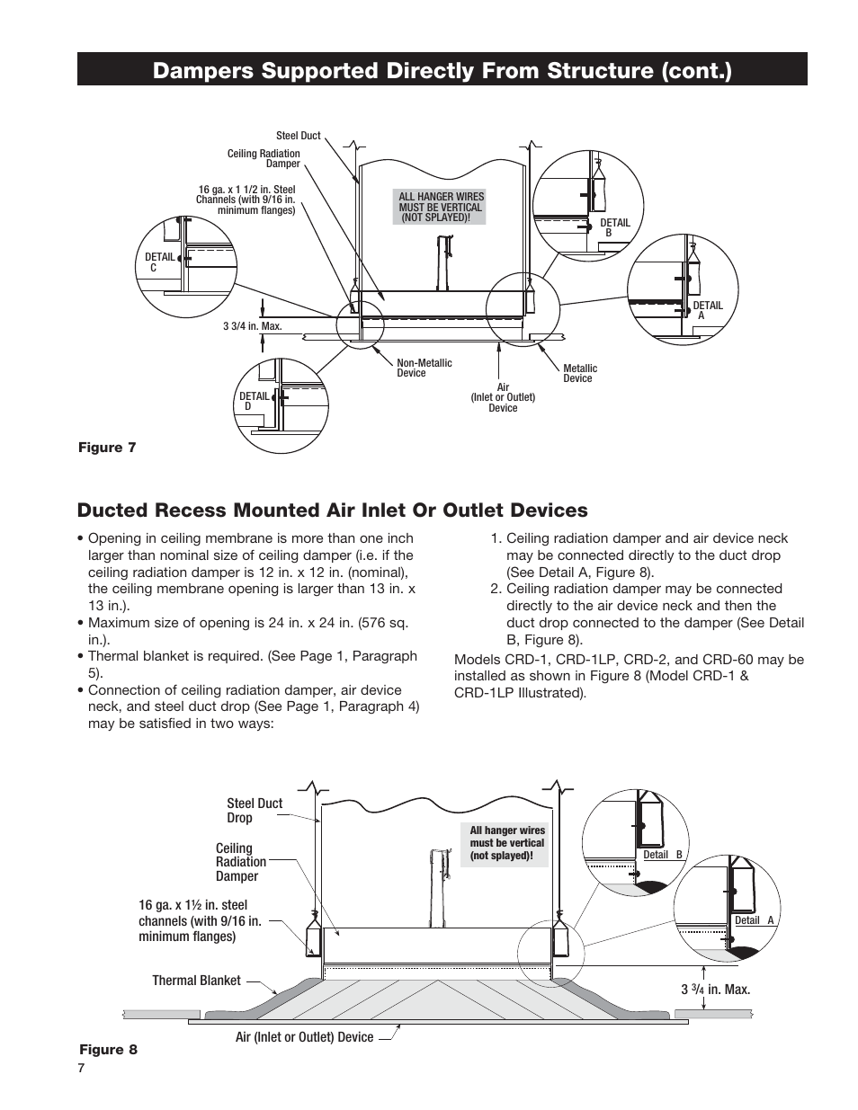 Dampers supported directly from structure (cont.), Ducted recess mounted air inlet or outlet devices | Greenheck Ceiling Radiation Dampers (826252) User Manual | Page 8 / 32