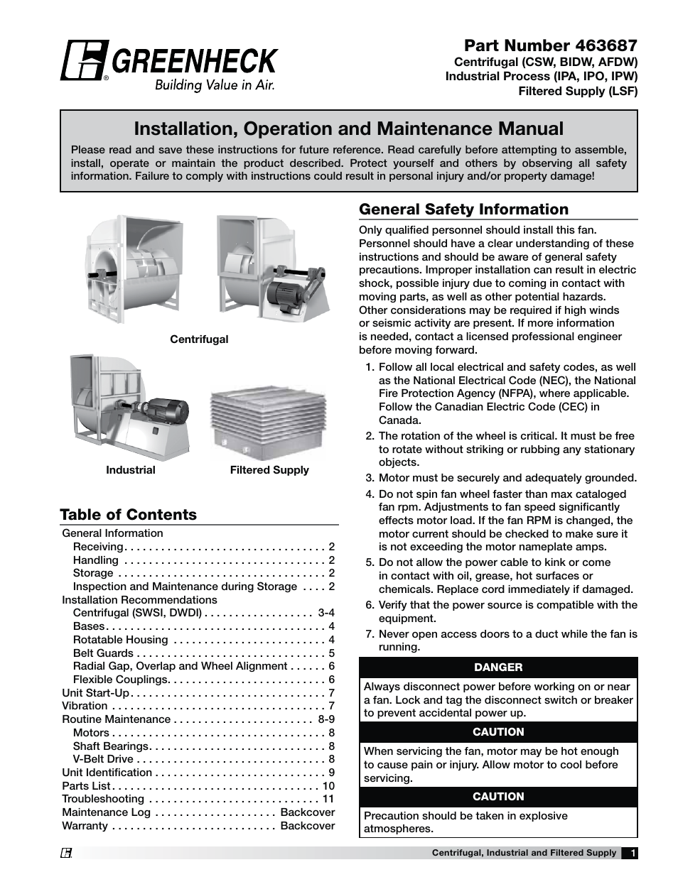 Greenheck Centrifugal (CSW, BIDW, AFDW), Industrial (IPA, IPO, IPW) and Filtered Supply (LSF) (463687) User Manual | 12 pages