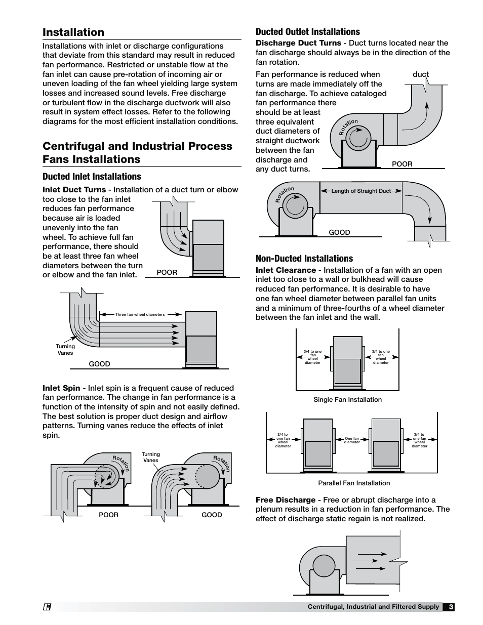 Installation, Ducted outlet installations, Ducted inlet installations | Non-ducted installations | Greenheck Centrifugal (CSW, BIDW, AFDW), Industrial (IPA, IPO, IPW) and Filtered Supply (LSF) (463687) User Manual | Page 3 / 12