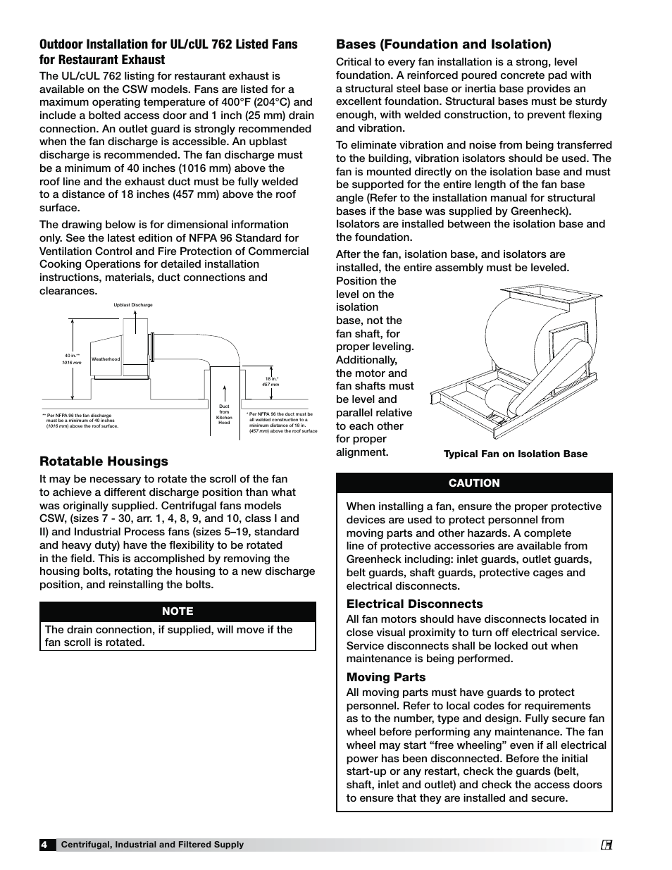 Rotatable housings, Bases (foundation and isolation), Electrical disconnects | Moving parts | Greenheck Centrifugal (CSW, BIDW, AFDW), Industrial (IPA, IPO, IPW) and Filtered Supply (LSF) (463687) User Manual | Page 4 / 12