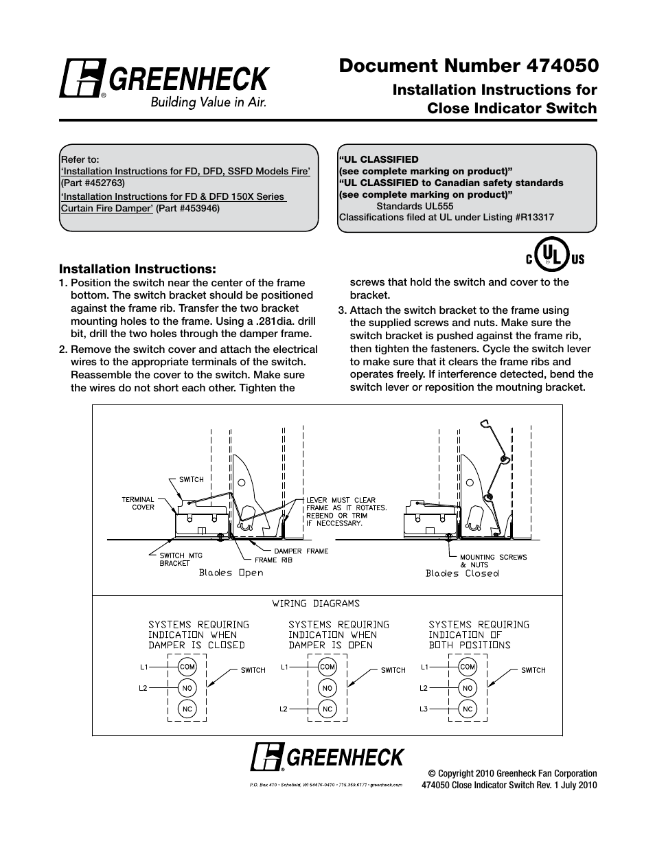 Greenheck Close Indicator Switch for Fire Dampers (474050) User Manual | 1 page