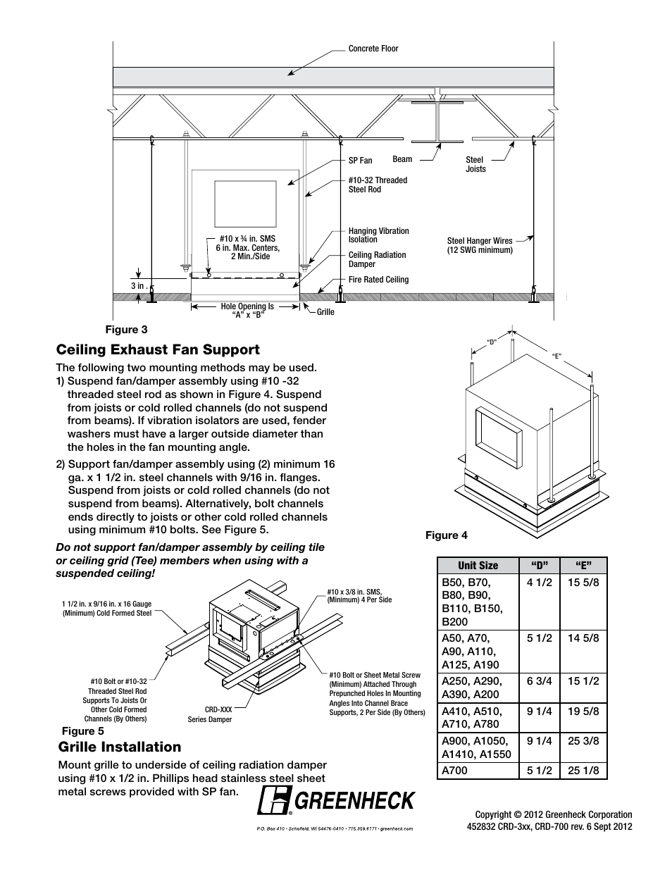Ceiling exhaust fan support, Grille installation | Greenheck CRD-3XX and CRD-7XX Series for SP fans (452832) User Manual | Page 2 / 2