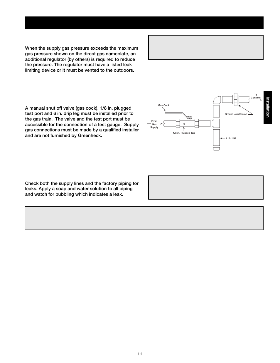 Installation - direct gas piping, Step 3 connect the supply gas line, Step 2 install additional regulator if required | Step 4 test the system for leaks, Warning | Greenheck DG / DGX with Direct Spark (464043 IOM) (Pre-2008) User Manual | Page 11 / 48