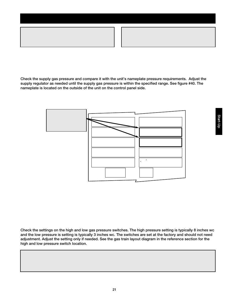Start-up - direct gas, Step 1 check the supply gas pressure, Important | Greenheck DG / DGX with Direct Spark (464043 IOM) (Pre-2008) User Manual | Page 21 / 48