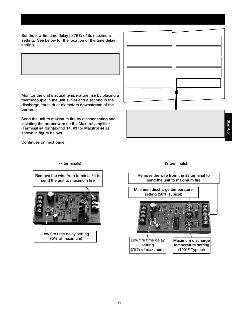 Start-up - direct gas, Maxitrol series 44, Maxitrol series 14 | Step 5 set the maximum firing rate, Step 4 set the low fire time delay, Warning | Greenheck DG / DGX with Direct Spark (464043 IOM) (Pre-2008) User Manual | Page 23 / 48