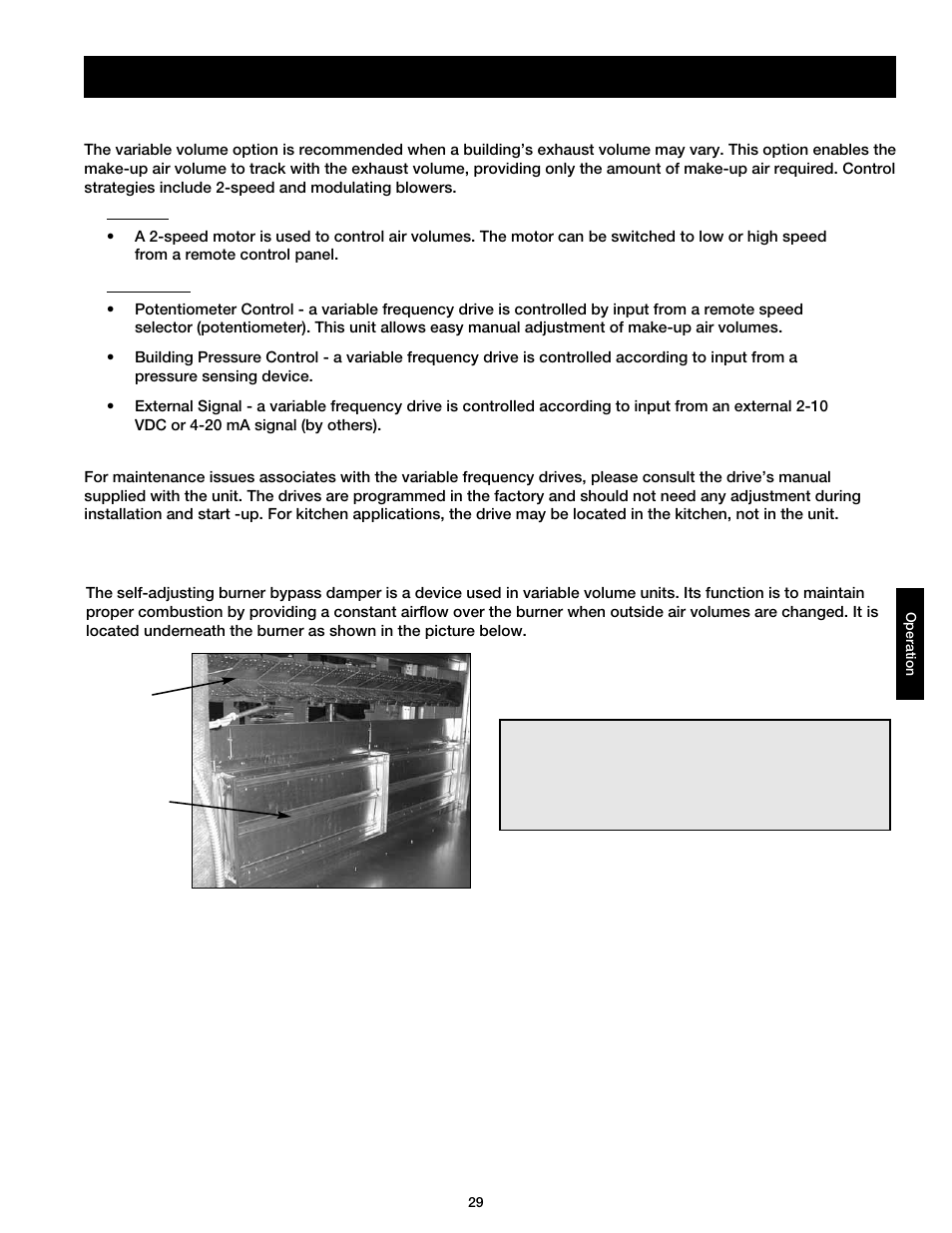 Operation - vav / recirculating units, Variable volume operation (optional), Burner bypass damper (optional) | Greenheck DG / DGX with Direct Spark (464043 IOM) (Pre-2008) User Manual | Page 29 / 48