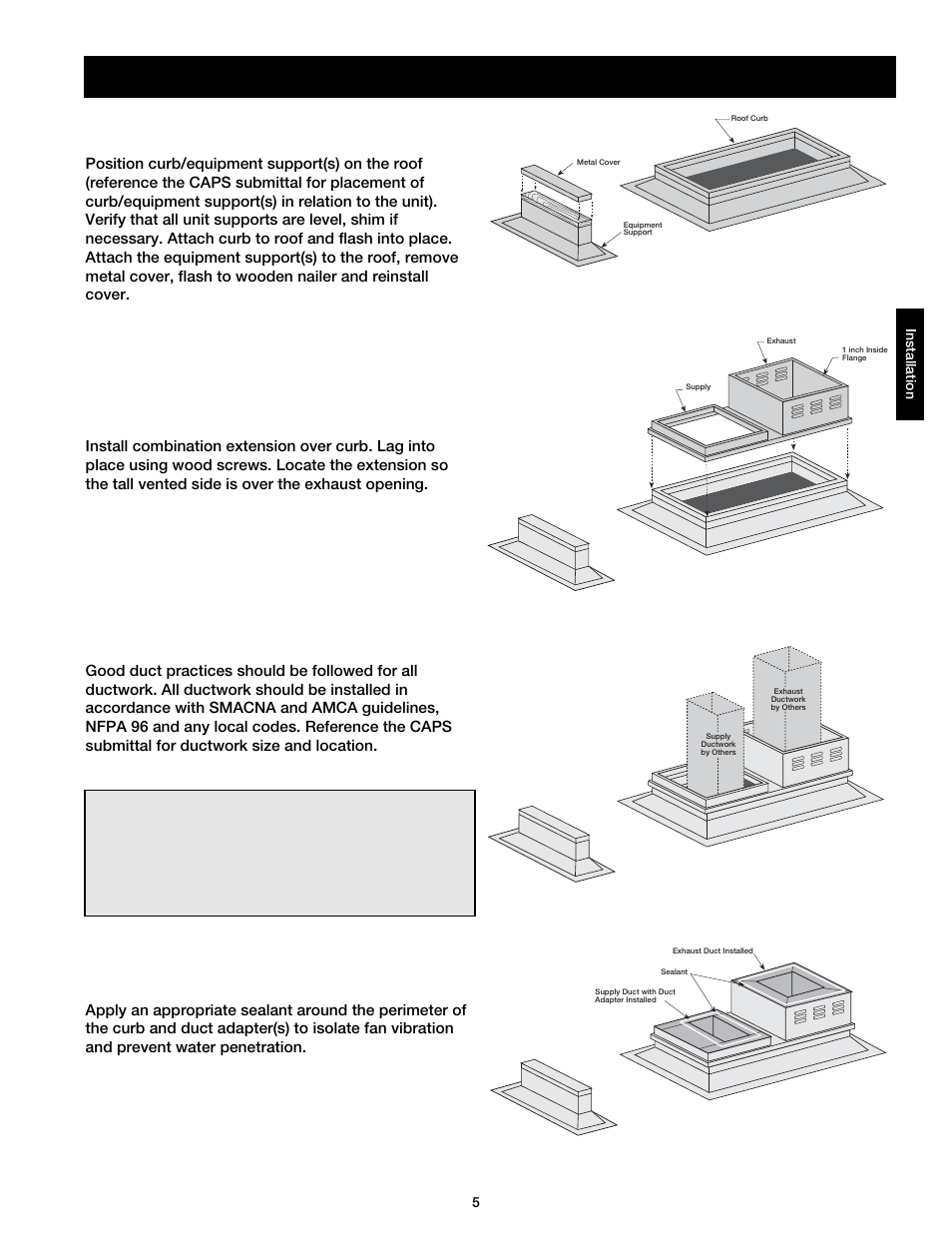 Installation - roof mounted unit arrangement dbc, Step 1 install curb/equipment support(s), Step 2 install combination extension | Step 4 apply sealant, Step 3 install ductwork | Greenheck DG / DGX with Direct Spark (464043 IOM) (Pre-2008) User Manual | Page 5 / 48