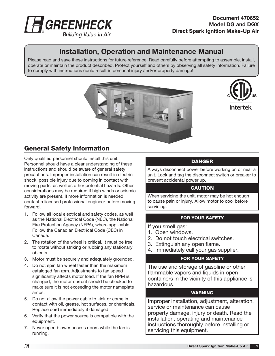 Greenheck DG / DGX with Direct Spark (470652) User Manual | 40 pages