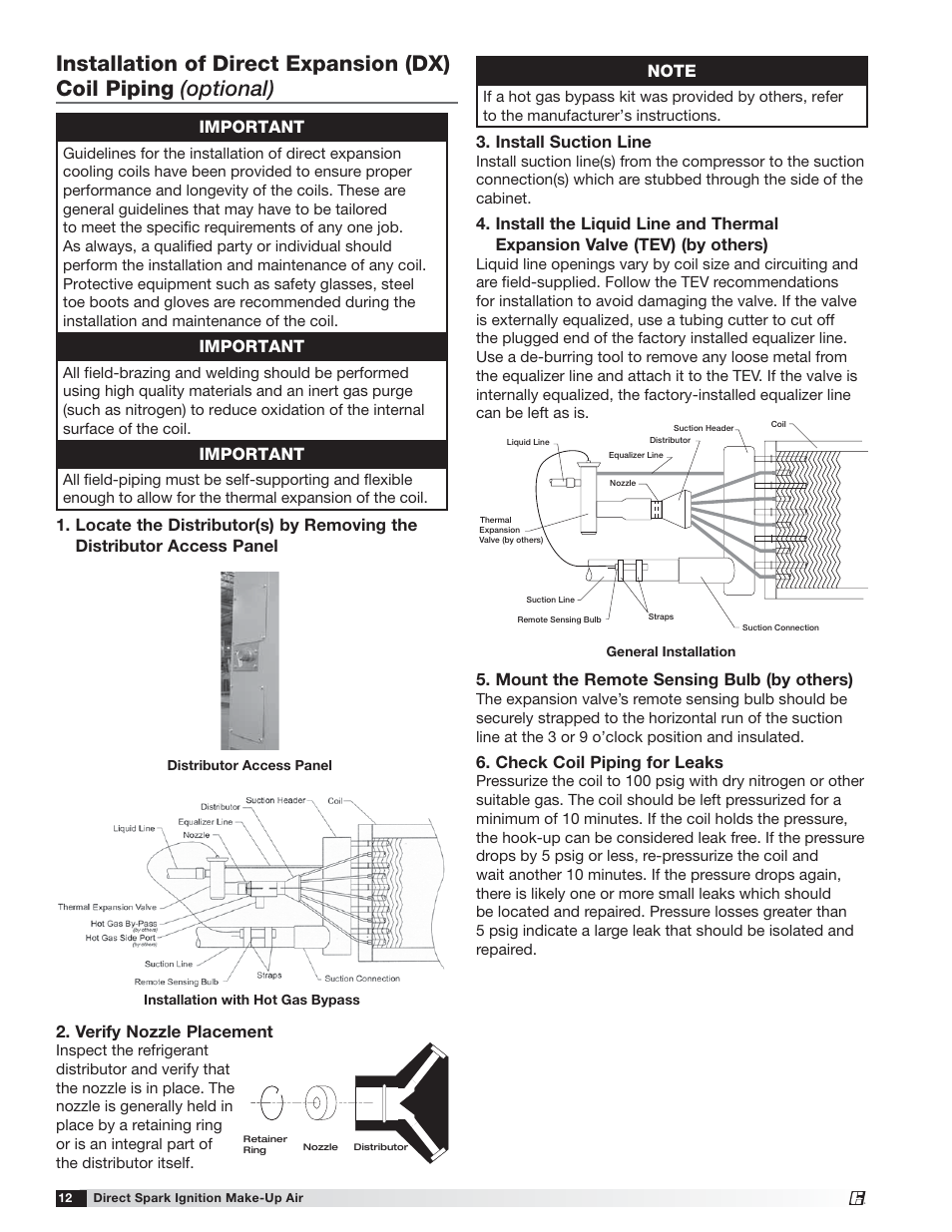 Important, Verify nozzle placement, Install suction line | Mount the remote sensing bulb (by others), Check coil piping for leaks | Greenheck DG / DGX with Direct Spark (470652) User Manual | Page 12 / 40