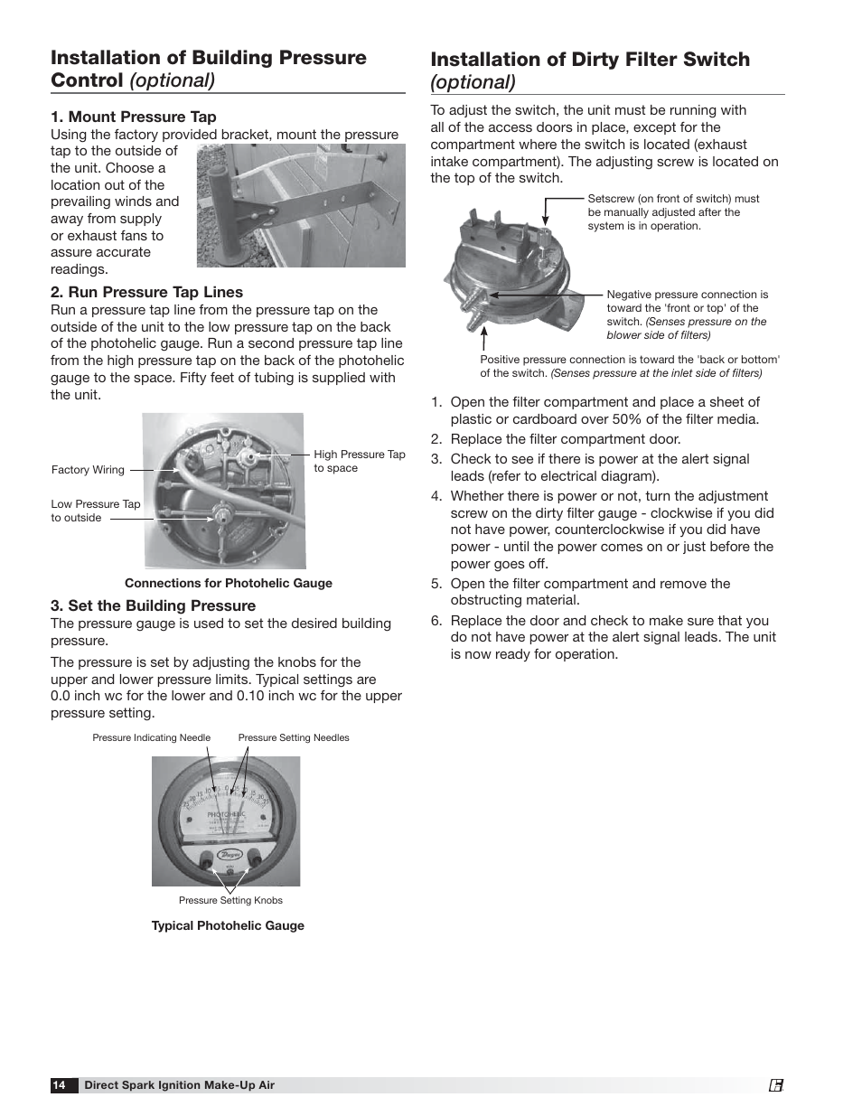 Installation of dirty filter switch (optional) | Greenheck DG / DGX with Direct Spark (470652) User Manual | Page 14 / 40