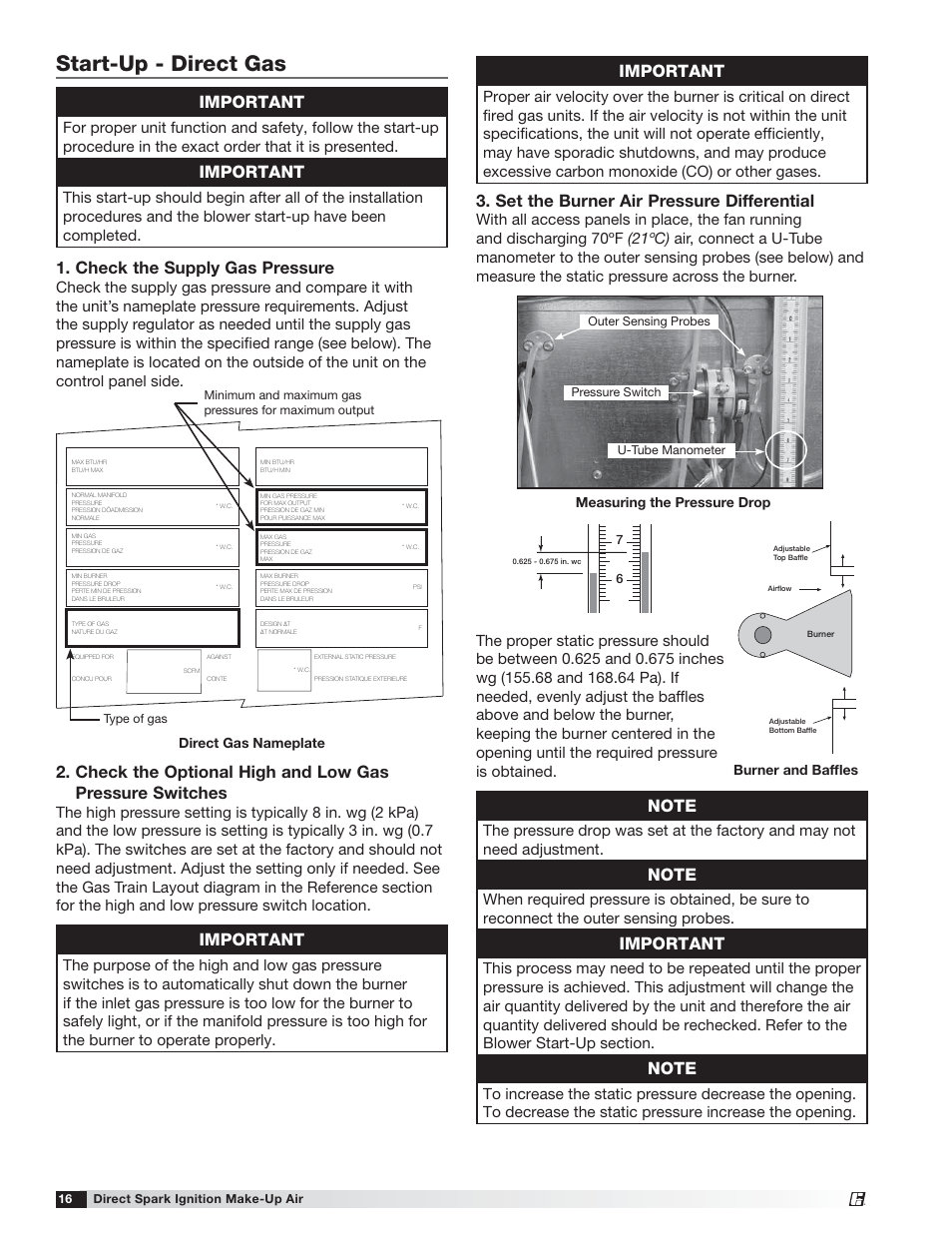 Start-up - direct gas, Check the supply gas pressure, Important | Set the burner air pressure differential, Burner and bafﬂes, Measuring the pressure drop, Direct gas nameplate | Greenheck DG / DGX with Direct Spark (470652) User Manual | Page 16 / 40