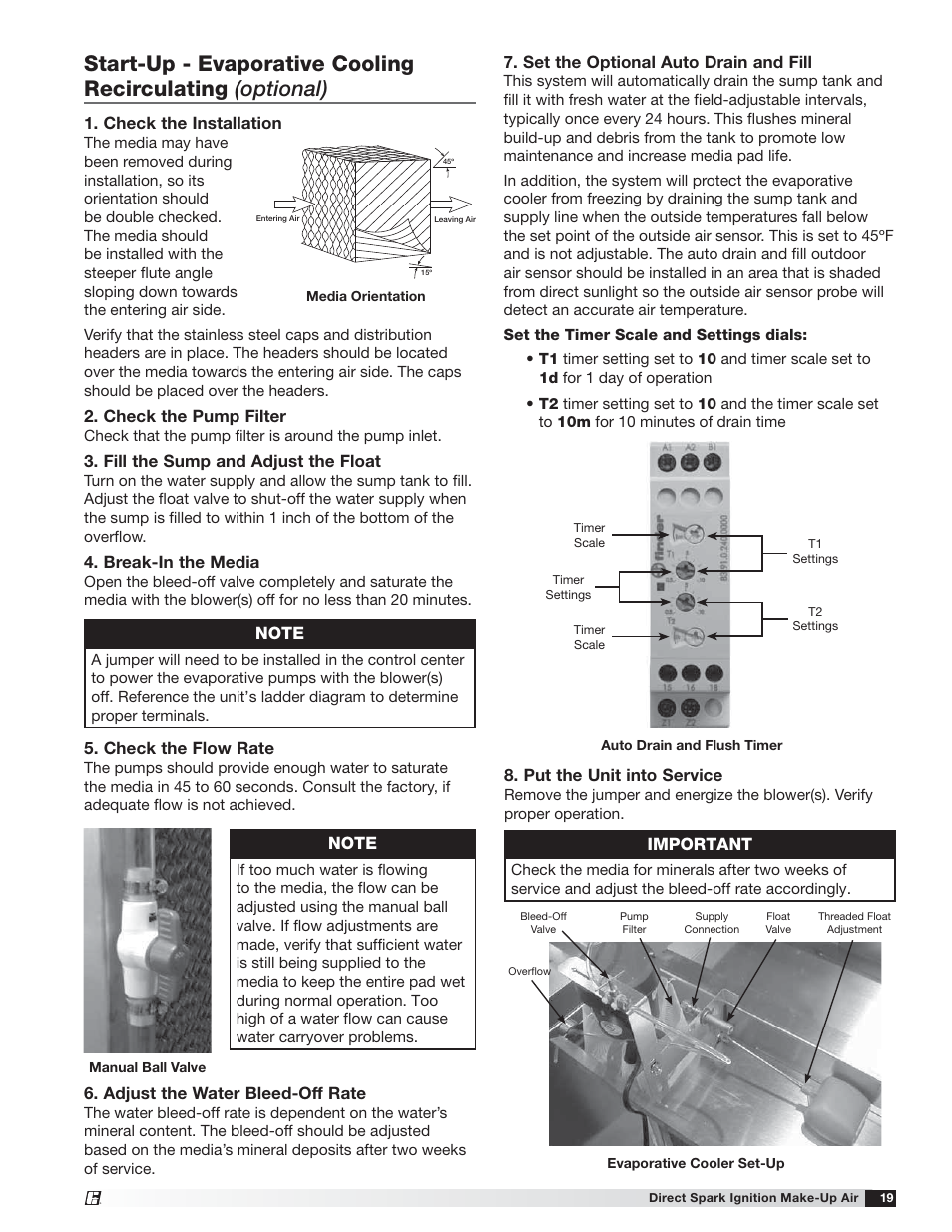 Check the installation, Check the pump filter, Fill the sump and adjust the float | Break-in the media, Important, Set the optional auto drain and fill, Adjust the water bleed-off rate, Check the flow rate, Put the unit into service | Greenheck DG / DGX with Direct Spark (470652) User Manual | Page 19 / 40