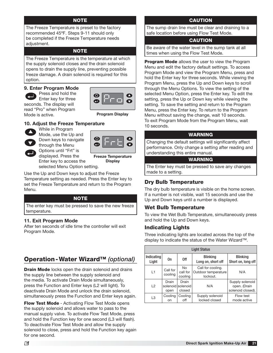 Operation - water wizard™ (optional), Dry bulb temperature, Wet bulb temperature | Indicating lights | Greenheck DG / DGX with Direct Spark (470652) User Manual | Page 21 / 40