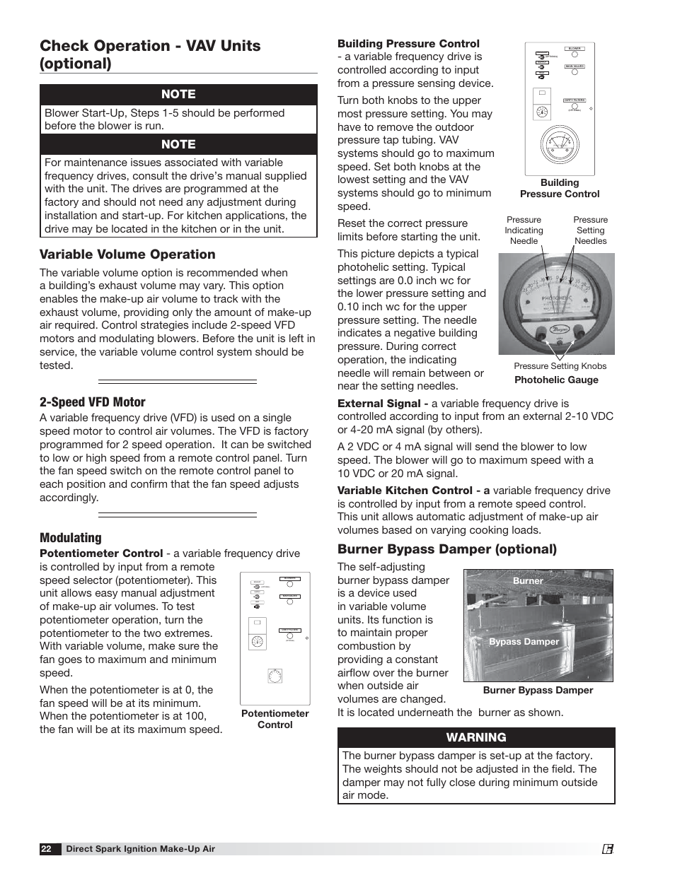 Check operation - vav units (optional), Burner bypass damper (optional), Modulating | Speed vfd motor, Variable volume operation, Warning | Greenheck DG / DGX with Direct Spark (470652) User Manual | Page 22 / 40