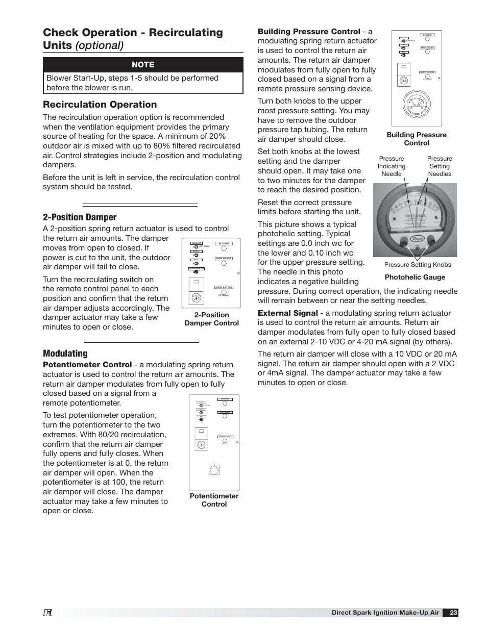 Check operation - recirculating units (optional), Recirculation operation, Modulating | Position damper | Greenheck DG / DGX with Direct Spark (470652) User Manual | Page 23 / 40