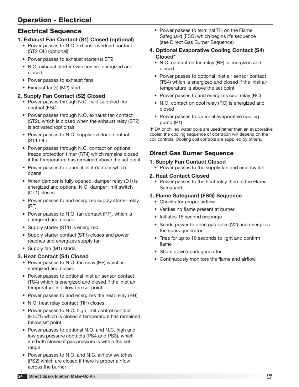 Operation - electrical, Electrical sequence | Greenheck DG / DGX with Direct Spark (470652) User Manual | Page 24 / 40