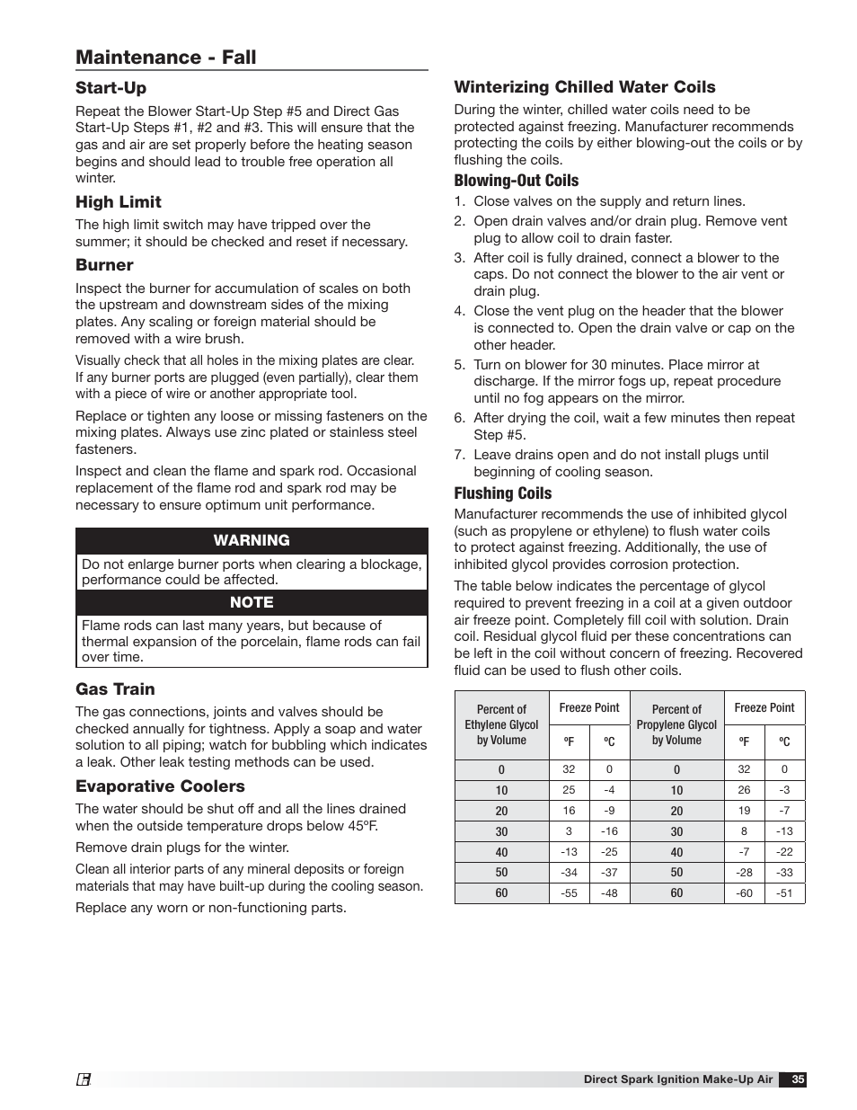 Maintenance - fall, Start-up, High limit | Burner, Winterizing chilled water coils, Blowing-out coils, Flushing coils, Gas train, Evaporative coolers | Greenheck DG / DGX with Direct Spark (470652) User Manual | Page 35 / 40