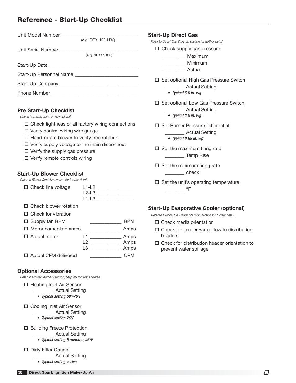 Reference - start-up checklist | Greenheck DG / DGX with Direct Spark (470652) User Manual | Page 38 / 40