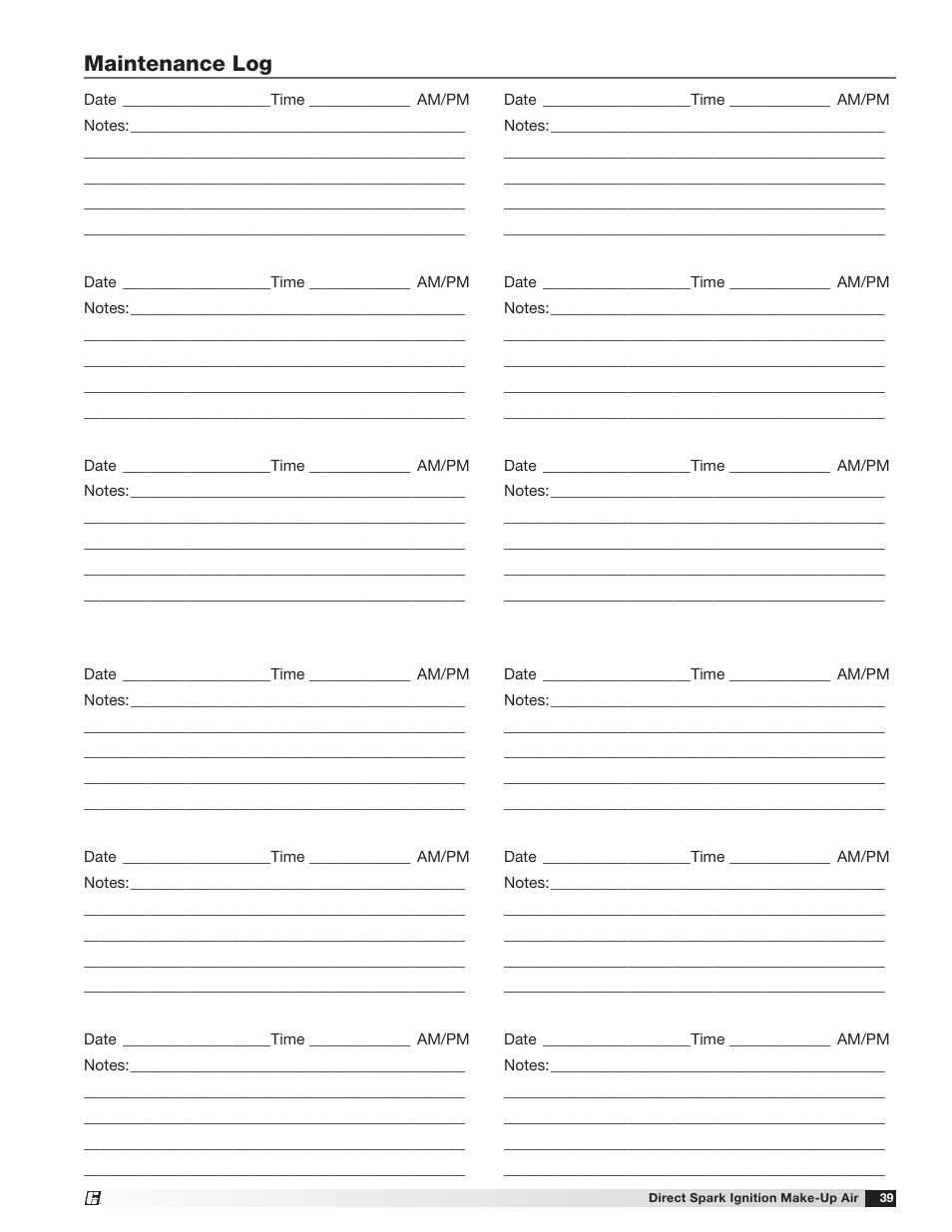Maintenance log | Greenheck DG / DGX with Direct Spark (470652) User Manual | Page 39 / 40