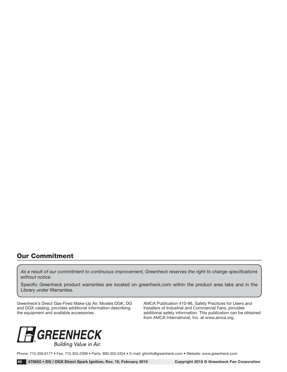 Our commitment | Greenheck DG / DGX with Direct Spark (470652) User Manual | Page 40 / 40