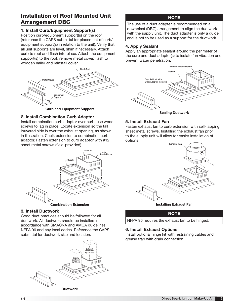 Installation of roof mounted unit arrangement dbc, Install combination curb adaptor, Install curb/equipment support(s) | Install ductwork, Install exhaust options, Apply sealant, Install exhaust fan | Greenheck DG / DGX with Direct Spark (470652) User Manual | Page 5 / 40